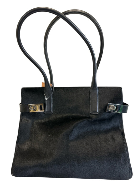 Salvatore Ferragamo Black Leather Pony Hair Double Buckle Top Handle Bag Black / Medium