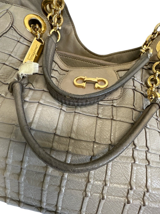 Salvatore Ferragamo Lilac Gray Leather Top Handle Grid Horse Bit Bag Lilac Gray / Medium