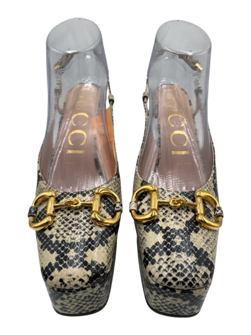 Gucci Shoe Size 38 Cream, Black, Gold Leather Square Toe Snake Skin Print Pumps Cream, Black, Gold / 38