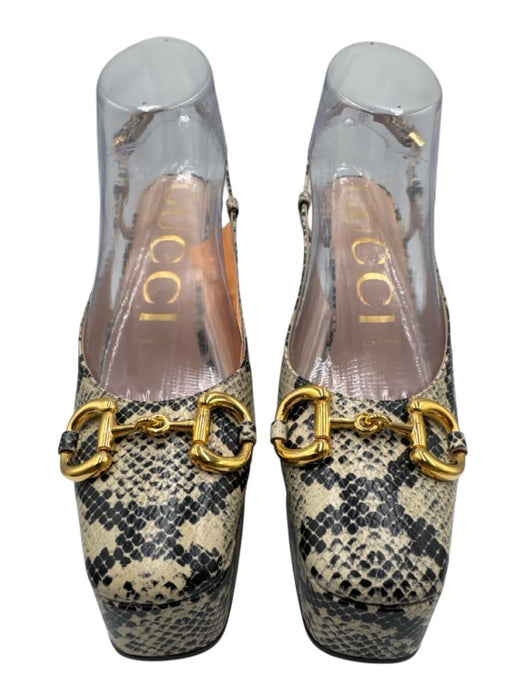 Gucci Shoe Size 38 Cream, Black, Gold Leather Square Toe Snake Skin Print Pumps Cream, Black, Gold / 38