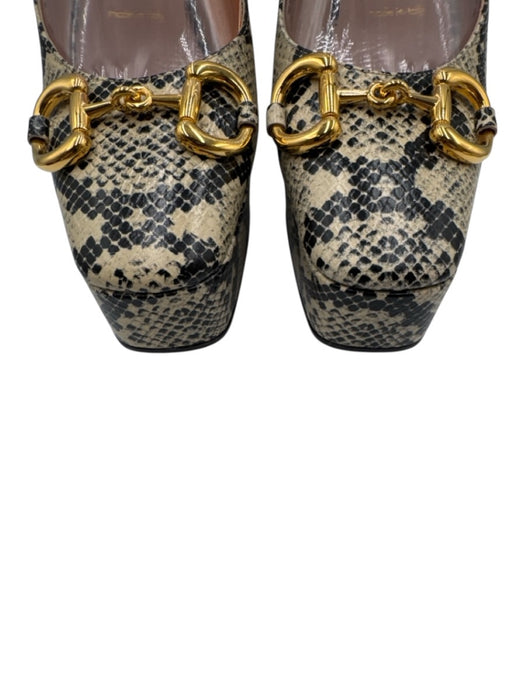 Gucci Shoe Size 38 Cream, Black, Gold Leather Square Toe Snake Skin Print Pumps Cream, Black, Gold / 38