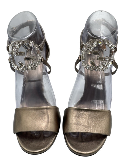 Gucci Shoe Size 38 Gold Taupe Leather open toe Crystals Interlocking GG Sandals Gold Taupe / 38