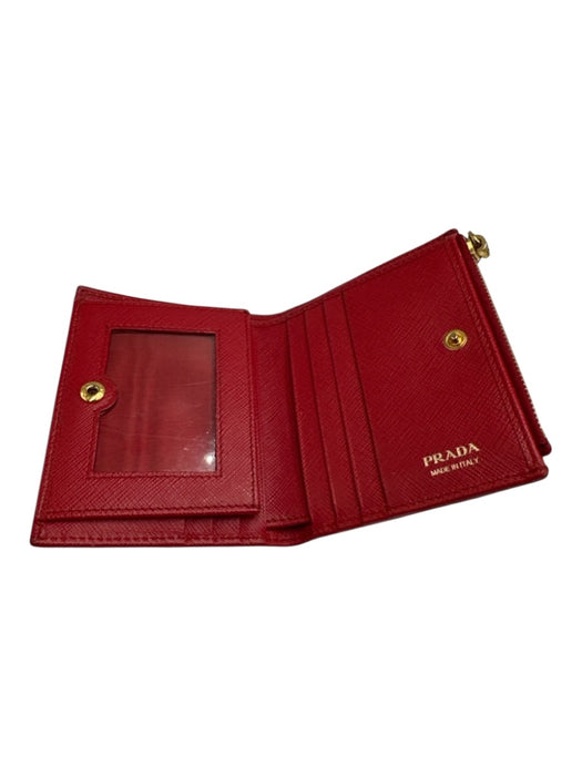 Prada Red Saffiano Leather Bi-Fold Zip Pocket Snap Button Logo Wallets Red