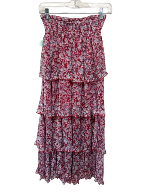Raga Size L Red, White & Pink Viscose Shirred Waist Metallic Thread Floral Skirt Red, White & Pink / L
