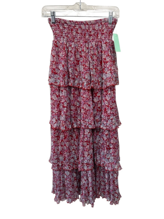 Raga Size L Red, White & Pink Viscose Shirred Waist Metallic Thread Floral Skirt Red, White & Pink / L