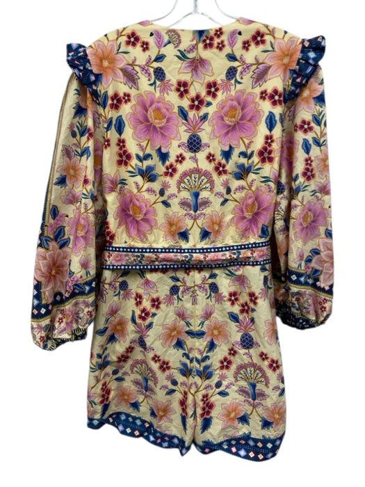 Farm Rio Size Large Pink, Blue, Yellow Viscose Long puff sleeve Floral Romper Pink, Blue, Yellow / Large