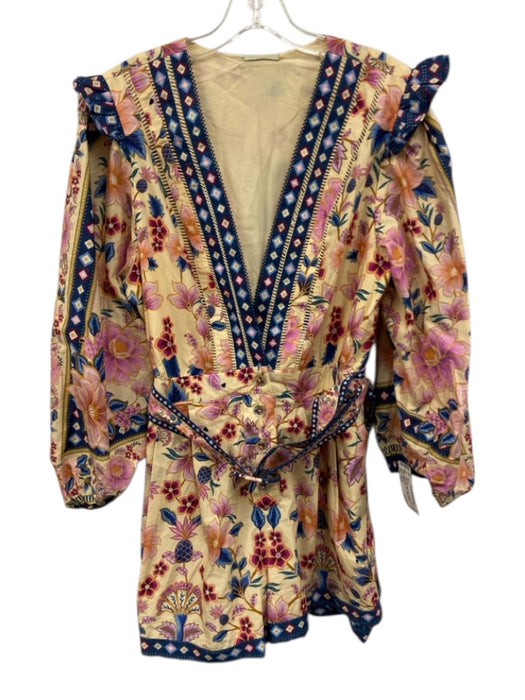 Farm Rio Size Large Pink, Blue, Yellow Viscose Long puff sleeve Floral Romper Pink, Blue, Yellow / Large