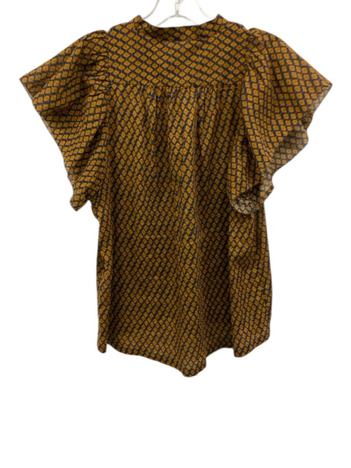 Birds of Paradis Size Small Tan & Navy Cotton Short Sleeve Abstract Print Top Tan & Navy / Small