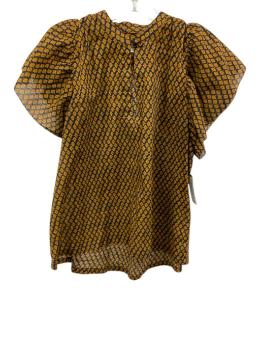 Birds of Paradis Size Small Tan & Navy Cotton Short Sleeve Abstract Print Top Tan & Navy / Small