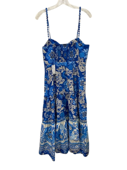 Farm Rio Size Large Blue & White Cotton Sleeveless tropical floral Shirred Dress Blue & White / Large