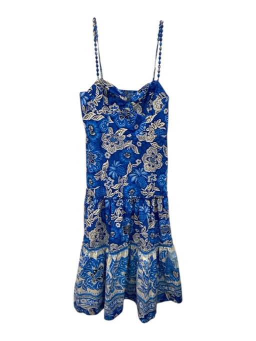 Farm Rio Size Large Blue & White Cotton Sleeveless tropical floral Shirred Dress Blue & White / Large