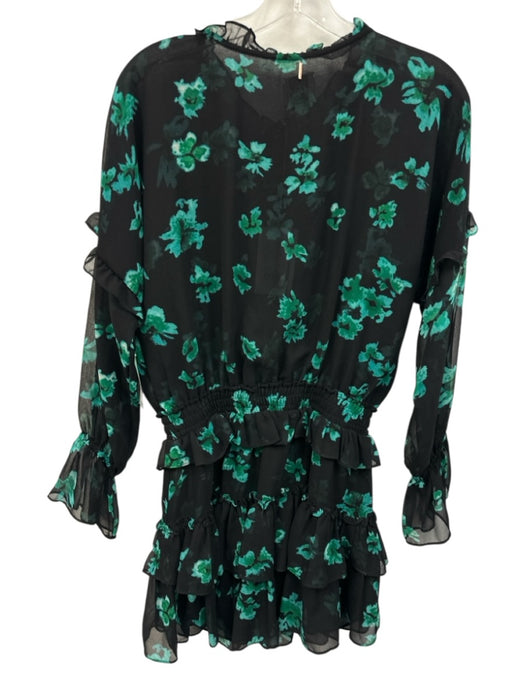 Misa Size S Black & Green Viscose Long Balloon Sleeve Floral V Neck Dress Black & Green / S