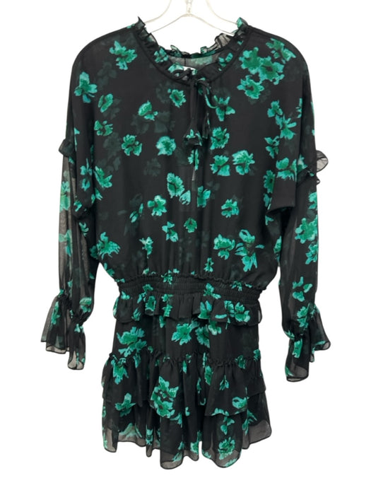 Misa Size S Black & Green Viscose Long Balloon Sleeve Floral V Neck Dress Black & Green / S