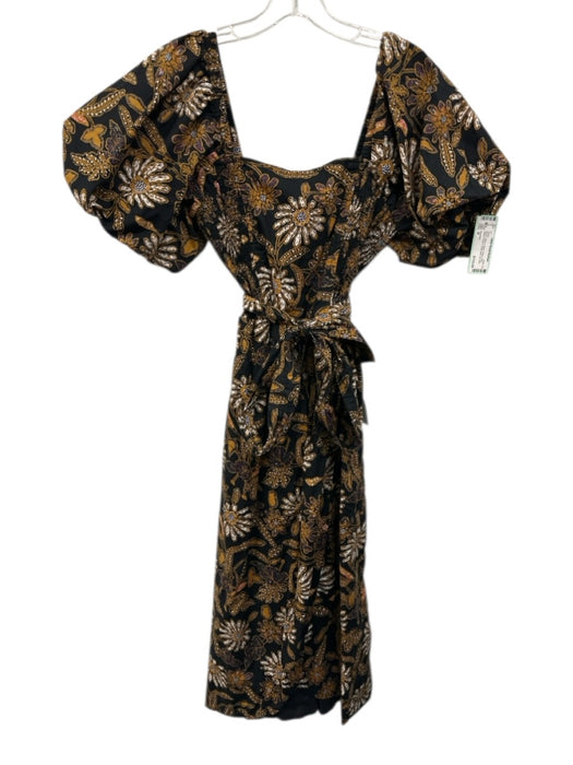 Cleobella Size M Brown, White & Black Cotton Short Balloon Sleeve Floral Dress Brown, White & Black / M