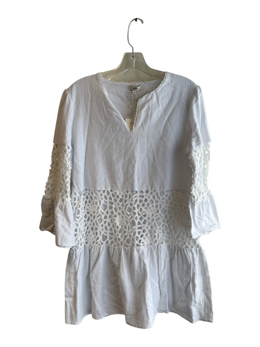 Tyler Boe Size M White Cotton V Neck Trumpet Sleeve Lace Detail Dress White / M