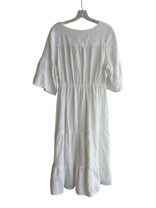 Saks Fifth Avenue Size L White Cotton Gauze V Neck 1/2 sleeve Button Down Dress White / L