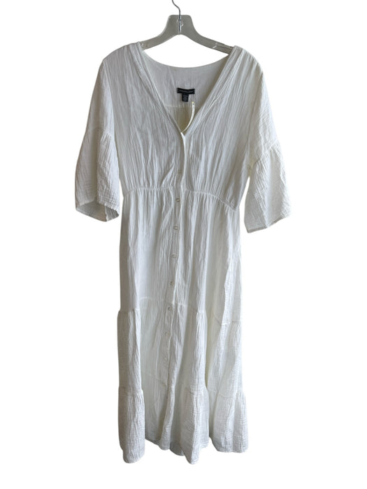 Saks Fifth Avenue Size L White Cotton Gauze V Neck 1/2 sleeve Button Down Dress White / L
