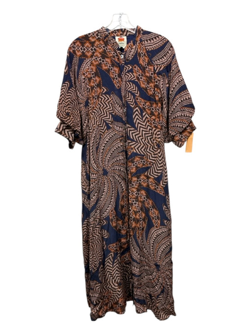 Farm Rio Size XS Brown, Orange & blue Viscose 1/2 Balloon Sleeve Button Up Dress Brown, Orange & blue / XS