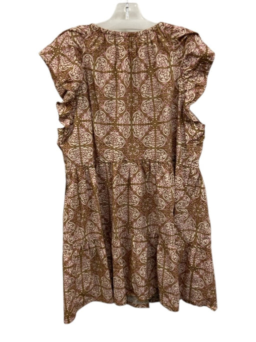 Marie Oliver Size 1 Cream, Brown, Pink Cotton Split V Neck Mosaic Print Dress Cream, Brown, Pink / 1