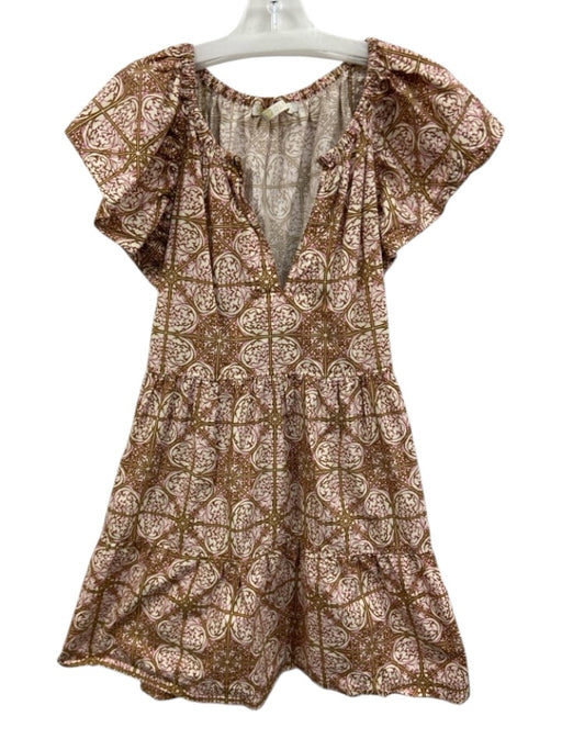 Marie Oliver Size 1 Cream, Brown, Pink Cotton Split V Neck Mosaic Print Dress Cream, Brown, Pink / 1
