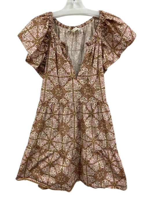Marie Oliver Size 1 Cream, Brown, Pink Cotton Split V Neck Mosaic Print Dress Cream, Brown, Pink / 1