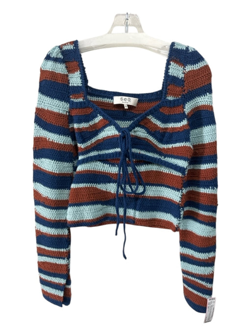 Sea New York Size XS Blue & Brown Merino Wool Long Sleeve Striped Tie Front Top Blue & Brown / XS