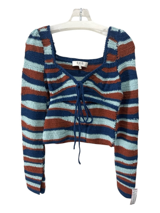 Sea New York Size XS Blue & Brown Merino Wool Long Sleeve Striped Tie Front Top Blue & Brown / XS