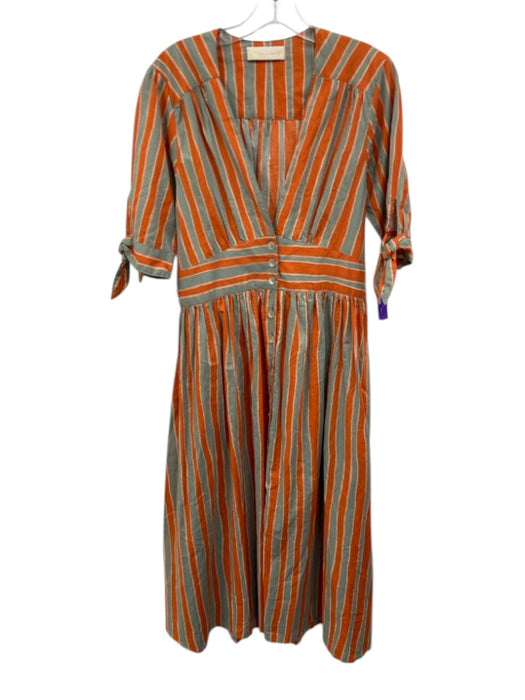 Natalie Martin Size M Orange & Gray Cotton 1/2 Sleeve Stripe Buttons Midi Dress Orange & Gray / M