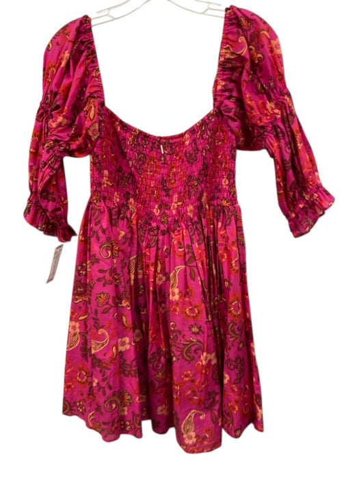 Misa Size M Hot pink Cotton Floral 1/2 Sleeve Shirred Bodice Square Neck Dress Hot pink / M