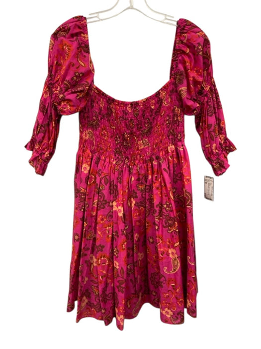 Misa Size M Hot pink Cotton Floral 1/2 Sleeve Shirred Bodice Square Neck Dress Hot pink / M
