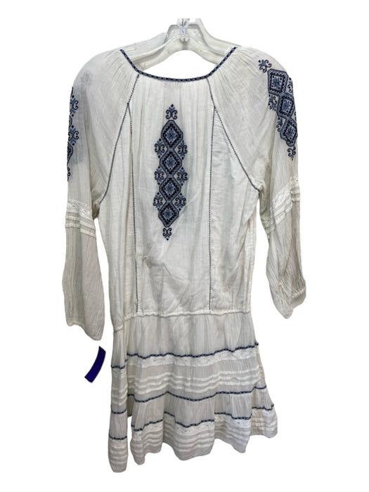 Joie Size XS White & Blue Cotton Drop Waist Embroidered Long Sleeve V Neck Dress White & Blue / XS