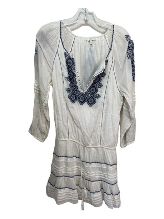 Joie Size XS White & Blue Cotton Drop Waist Embroidered Long Sleeve V Neck Dress White & Blue / XS