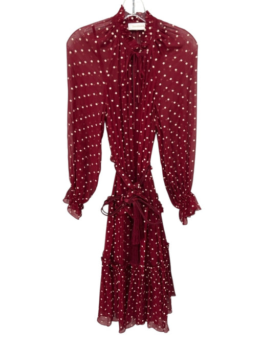 Zimmermann Size 1 Red & White Silk Sheer Polka Dot Drawstring Neck Tiered Dress Red & White / 1