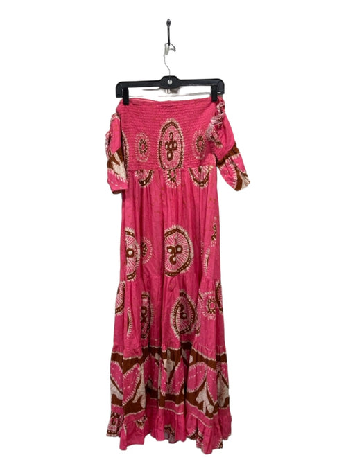 Love The Label Size S Pink & Brown Cotton Smocked All Over Print Tiered Dress Pink & Brown / S