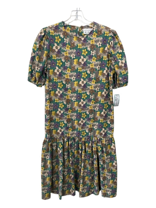 Casey Marks Size Medium Yellow, Purple & Green Cotton Short Balloon Sleeve Dress Yellow, Purple & Green / Medium