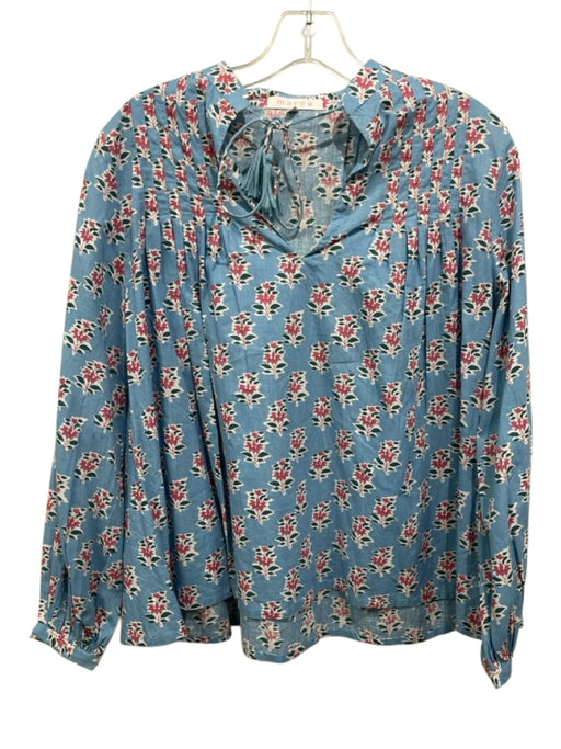 Marea Size Small Light Blue & Pink Cotton Long Sleeve Floral V Neck Top Light Blue & Pink / Small