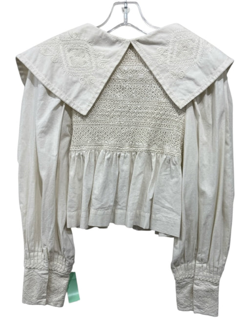 Sea New York Size S Cream Cotton Long Balloon Sleeve Smocked Top Peplum Top Cream / S
