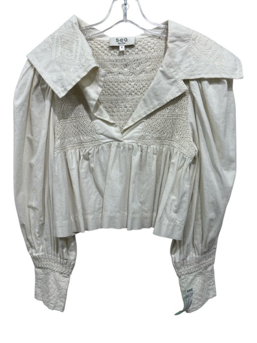Sea New York Size S Cream Cotton Long Balloon Sleeve Smocked Top Peplum Top Cream / S