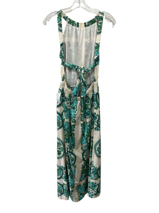 Cara Cara Size S Cream, Green & Blue Print Cotton Sleeveless Floral Maxi Dress Cream, Green & Blue Print / S