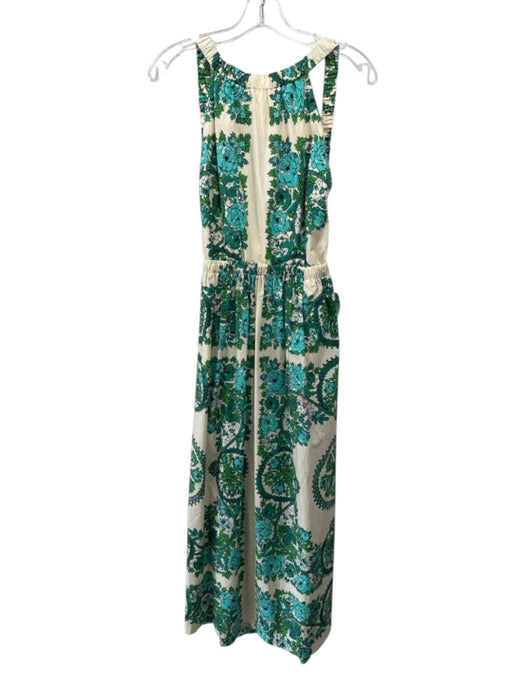 Cara Cara Size S Cream, Green & Blue Print Cotton Sleeveless Floral Maxi Dress Cream, Green & Blue Print / S
