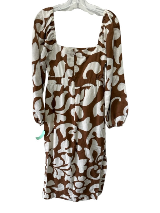 Rhode Size 4 Cream & Brown Linen & Cotton Long Balloon Sleeve Abstract Dress Cream & Brown / 4