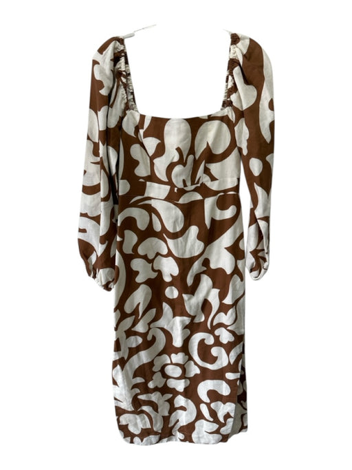 Rhode Size 4 Cream & Brown Linen & Cotton Long Balloon Sleeve Abstract Dress Cream & Brown / 4