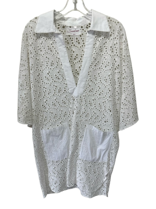 Sundress Size XS/S White Cotton Short Sleeve Eyelet V Neck Patch Pocket Dress White / XS/S
