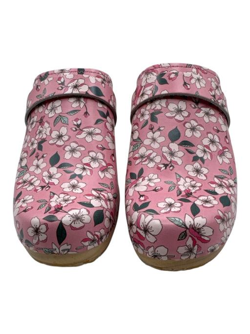 Magnafied Shoe Size 39 Pink & Green Leather Round Toe Floral Wood Base Clogs Pink & Green / 39