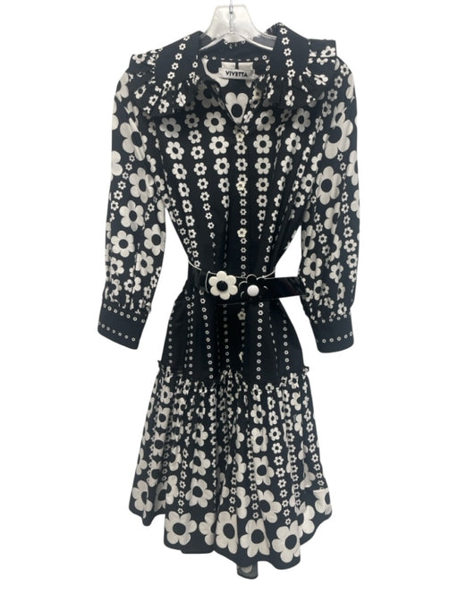Vivetta Size 42 Black & White Cotton Floral Button Up Short Sleeve Pleats Dress Black & White / 42