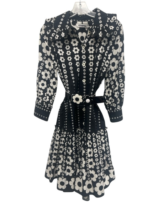 Vivetta Size 42 Black & White Cotton Floral Button Up Short Sleeve Pleats Dress Black & White / 42