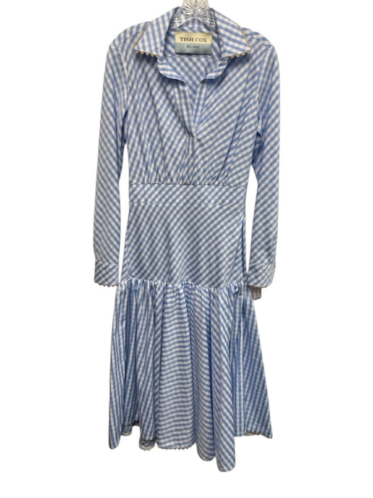 Tish Cox Size XS White & Blue Cotton Gingham Long Sleeve Scalloped Collar Dress White & Blue / XS