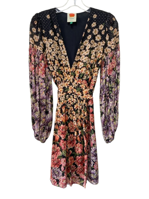 Farm Rio Size XS Black, Orange & Multi Print Viscose Blend Long Sleeve Dress Black, Orange & Multi Print / XS