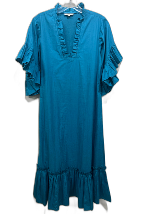 Fitzroy & Willa Size XS Teal Blue Cotton Ruffle Sleeves Square Ruffle Neck Dress Teal Blue / XS