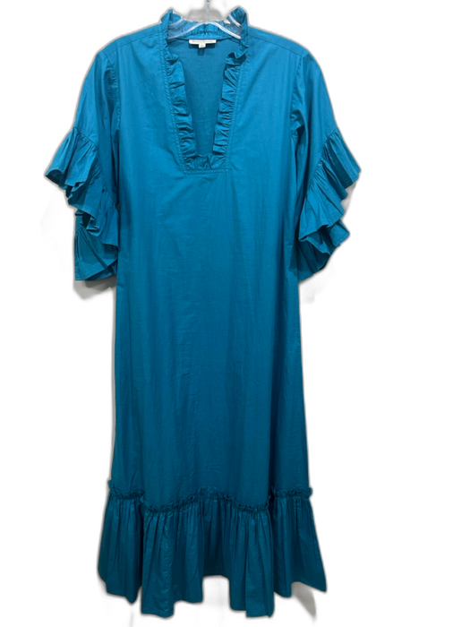 Fitzroy & Willa Size XS Teal Blue Cotton Ruffle Sleeves Square Ruffle Neck Dress Teal Blue / XS